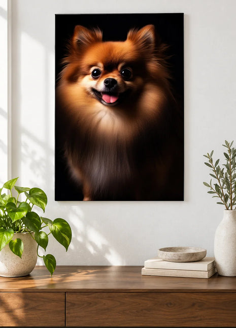 Little Fluff, Big Smile Wall Art, shown as frameless acrylic artwork above a walnut console against a white wall.