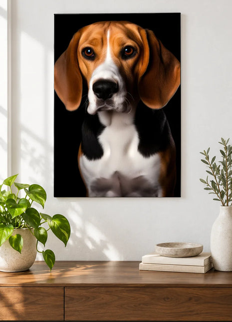 Those Hound-Dog Eyes Wall Art, shown as frameless acrylic artwork above a walnut console against a white wall.