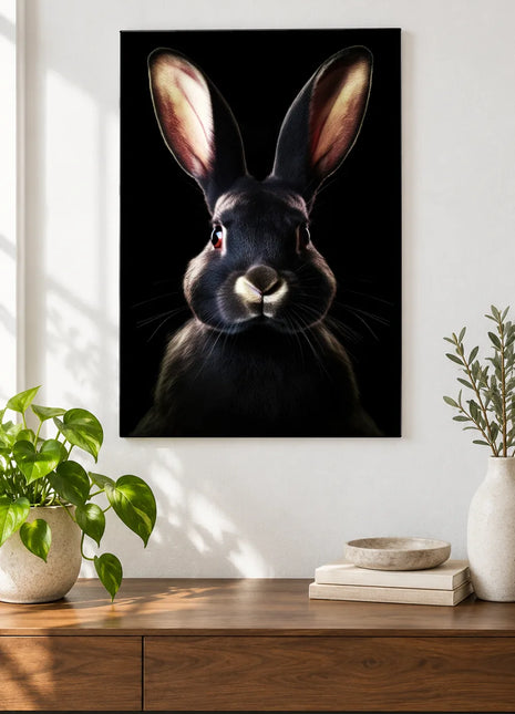 Ears Above the Rest Wall Art, shown as frameless acrylic artwork above a walnut console against a white wall.