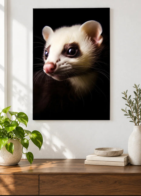 Cream-Faced Curiosity Wall Art, shown as frameless acrylic artwork above a walnut console against a white wall.