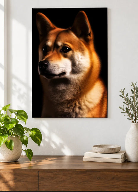 Pointed-Ear Charm Wall Art, shown as frameless acrylic artwork above a walnut console against a white wall.