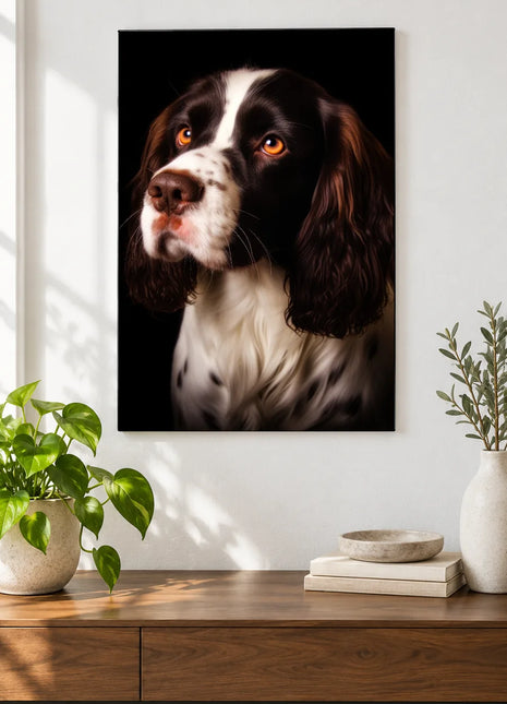 Spaniel Daydream Wall Art, shown as frameless acrylic artwork above a walnut console against a white wall.