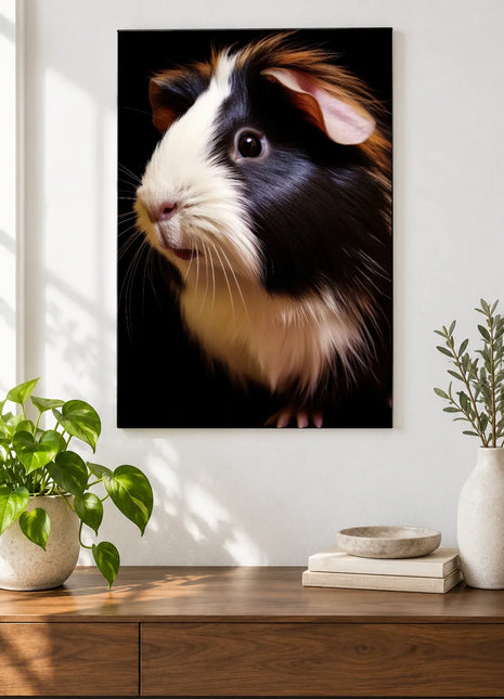 Guinea Pig Glam Wall Art, shown as frameless acrylic artwork above a walnut console against a white wall.