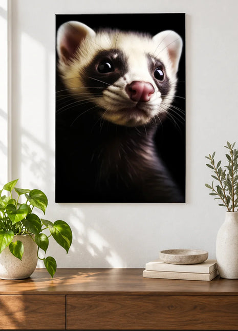 Mask On, Whiskers Out Wall Art, shown as frameless acrylic artwork above a walnut console against a white wall.