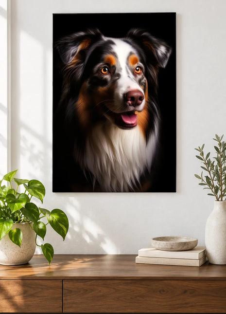 A Grin and a Ruff Wall Art, shown as frameless acrylic artwork above a walnut console against a white wall.