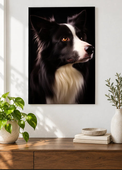 Collie Calling Wall Art, shown as frameless acrylic artwork above a walnut console against a white wall.