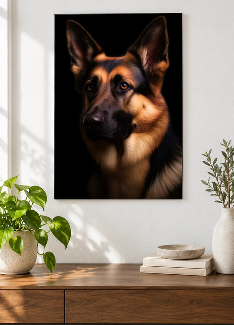 Ears on Duty Wall Art, shown as frameless acrylic artwork above a walnut console against a white wall.