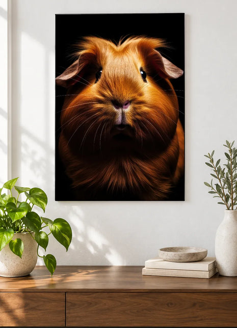Bedhead, Guinea-Pig Style Wall Art, shown as frameless acrylic artwork above a walnut console against a white wall.