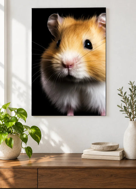 The Tiny Cheek Committee Wall Art, shown as frameless acrylic artwork above a walnut console against a white wall.