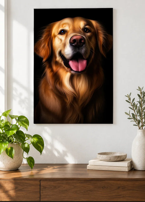 Golden Grin Wall Art, shown as frameless acrylic artwork above a walnut console against a white wall.