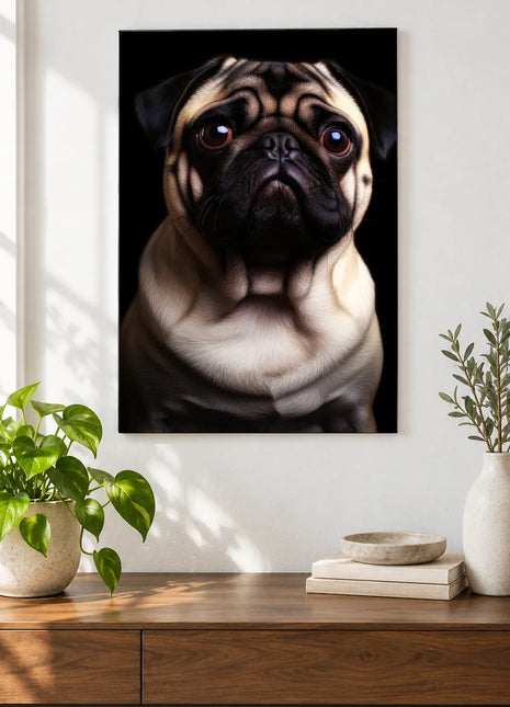 Pug Life, Full Face Wall Art, shown as frameless acrylic artwork above a walnut console against a white wall.