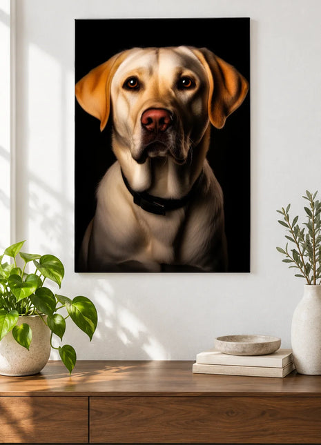 Collar and Composure Wall Art, shown as frameless acrylic artwork above a walnut console against a white wall.