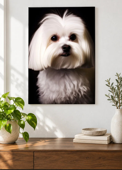 The Snowy Shag Wall Art, shown as frameless acrylic artwork above a walnut console against a white wall.