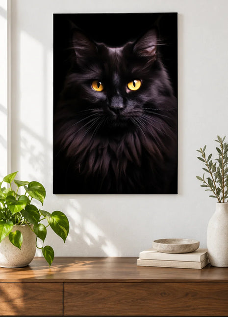 Gold Eyes, Dark Ruff Wall Art, shown as frameless acrylic artwork above a walnut console against a white wall.
