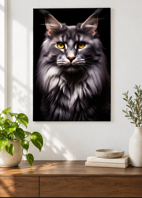 Silver Whisker Society Wall Art, shown as frameless acrylic artwork above a walnut console against a white wall.