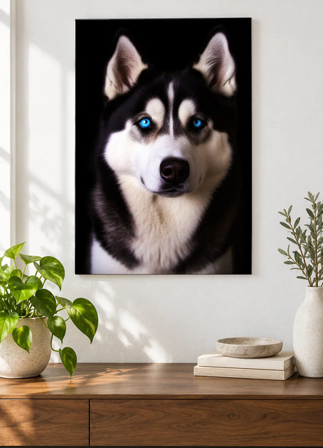 Blue-Eyed Hello Wall Art, shown as frameless acrylic artwork above a walnut console against a white wall.