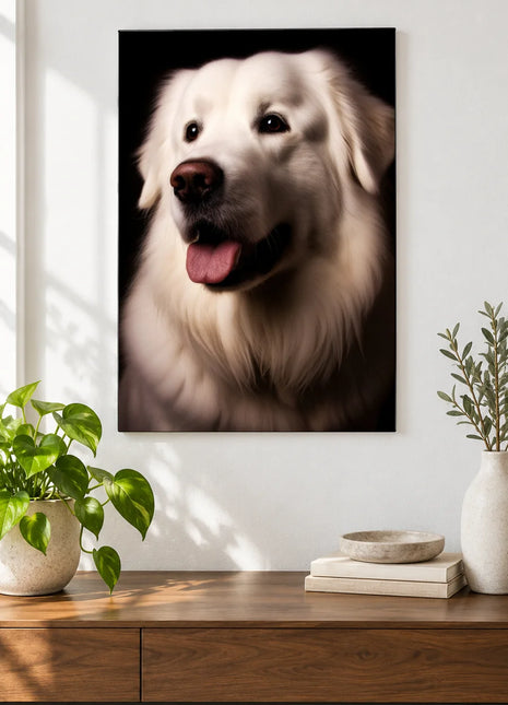Cream of the Canines Wall Art, shown as frameless acrylic artwork above a walnut console against a white wall.