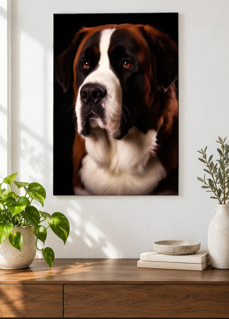 The Broad-Blaze Buddy Wall Art, shown as frameless acrylic artwork above a walnut console against a white wall.