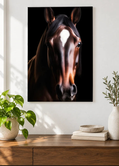 Diamond in the Dark (Horse), shown as frameless acrylic artwork above a walnut console against a white wall.