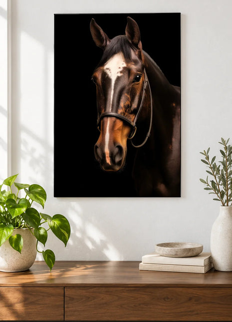 Patchwork Reins (Horse), shown as frameless acrylic artwork above a walnut console against a white wall.