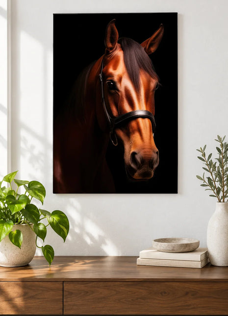 Rein Supreme (Horse), shown as frameless acrylic artwork above a walnut console against a white wall.