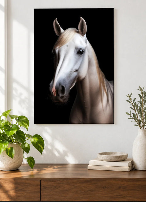 Grace in the Forelock (Horse), shown as frameless acrylic artwork above a walnut console against a white wall.