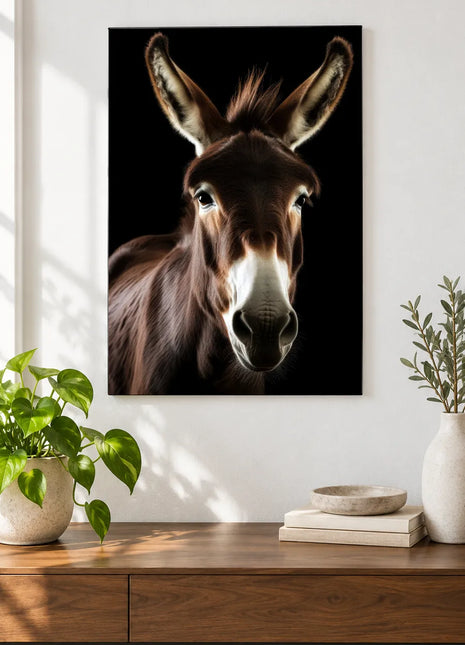 Ears to You (Donkey), shown as frameless acrylic artwork above a walnut console against a white wall.