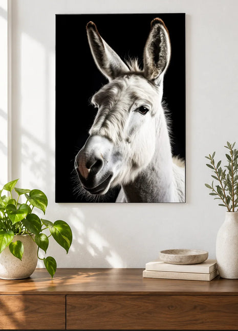 All Ears, All Heart (Donkey), shown as frameless acrylic artwork above a walnut console against a white wall.