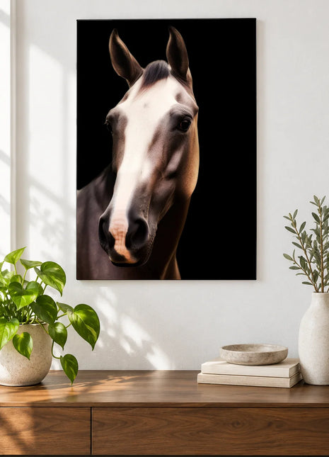A Face to Remember (Horse), shown as frameless acrylic artwork above a walnut console against a white wall.