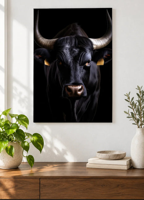 The Horn Section (Bull), shown as frameless acrylic artwork above a walnut console against a white wall.