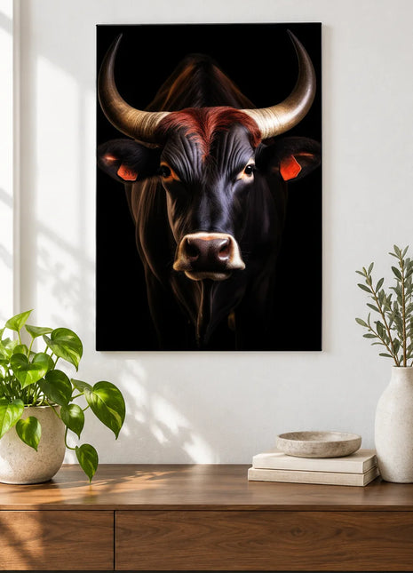 Crowned with Confidence (Bull), shown as frameless acrylic artwork above a walnut console against a white wall.