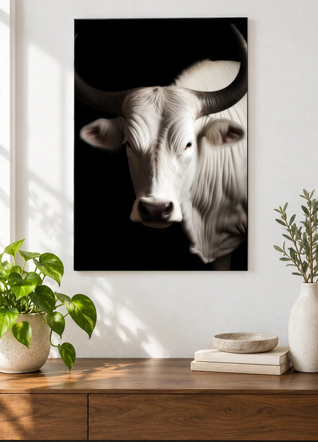Ivory Arcs (Bull), shown as frameless acrylic artwork above a walnut console against a white wall.