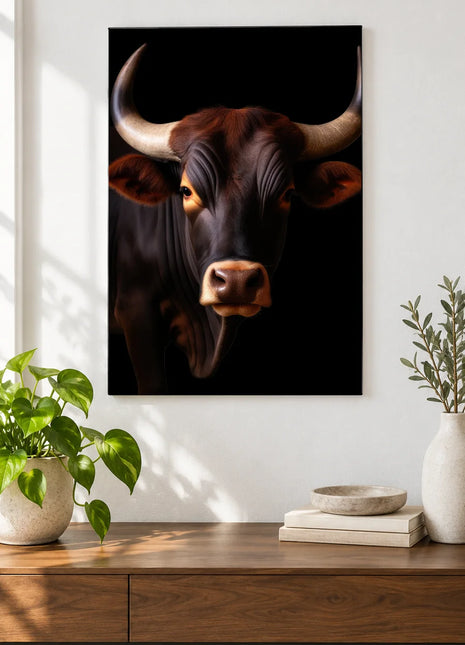 Wide-Angle Attitude (Bull), shown as frameless acrylic artwork above a walnut console against a white wall.