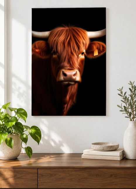 Fringe Benefits (Cow), shown as frameless acrylic artwork above a walnut console against a white wall.