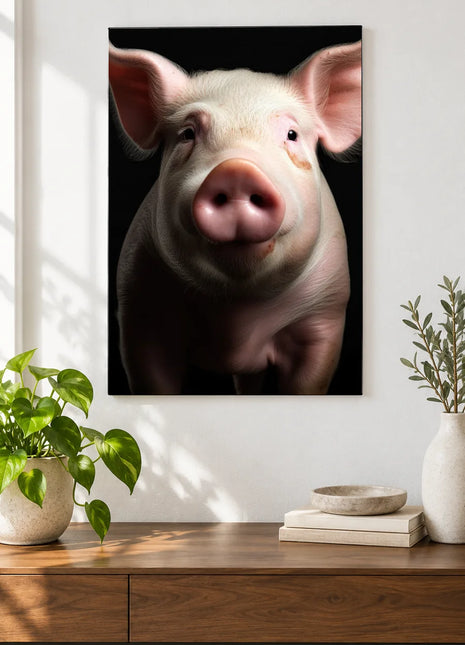 Snout and About (Pig), shown as frameless acrylic artwork above a walnut console against a white wall.