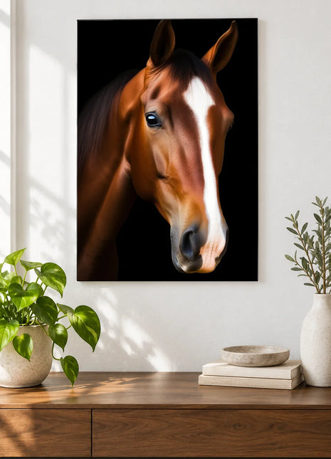 Blaze a Trail (Horse), shown as frameless acrylic artwork above a walnut console against a white wall.