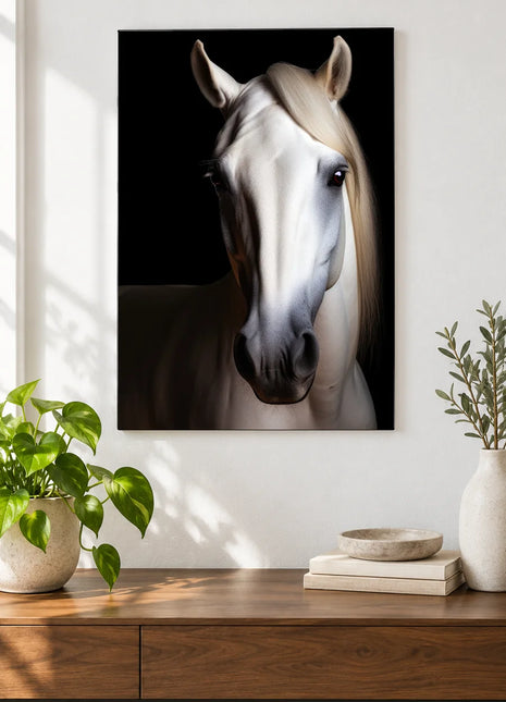 The Quiet Headliner (Horse), shown as frameless acrylic artwork above a walnut console against a white wall.