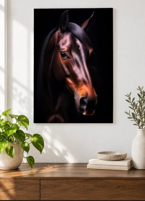 A Turn of the Mane (Horse), shown as frameless acrylic artwork above a walnut console against a white wall.