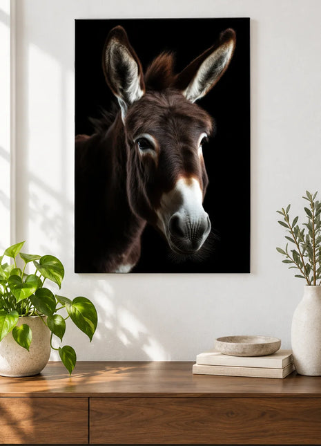 Little Long Ears (Donkey), shown as frameless acrylic artwork above a walnut console against a white wall.
