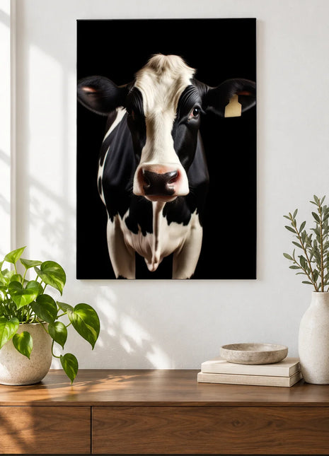 Milk and Ink (Cow), shown as frameless acrylic artwork above a walnut console against a white wall.