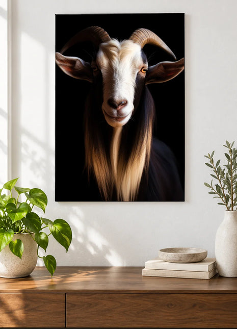 Beard to Be Different (Goat), shown as frameless acrylic artwork above a walnut console against a white wall.