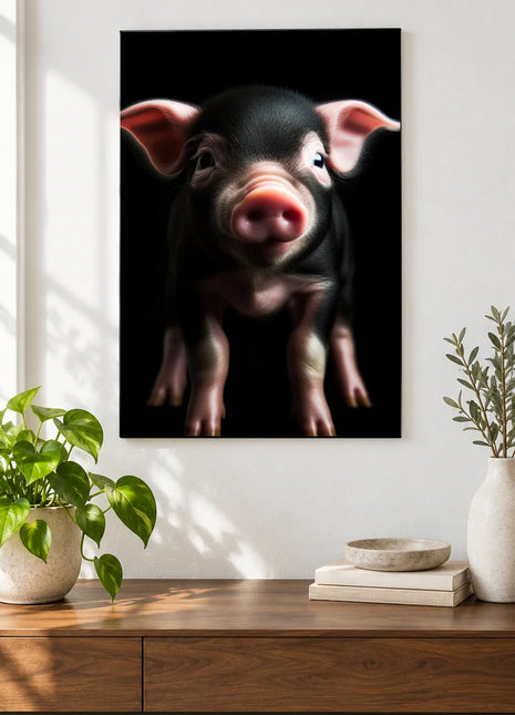 Pocket-Sized Oink (Piglet), shown as frameless acrylic artwork above a walnut console against a white wall.