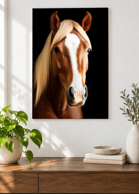 Mane Character Moment (Horse), shown as frameless acrylic artwork above a walnut console against a white wall.
