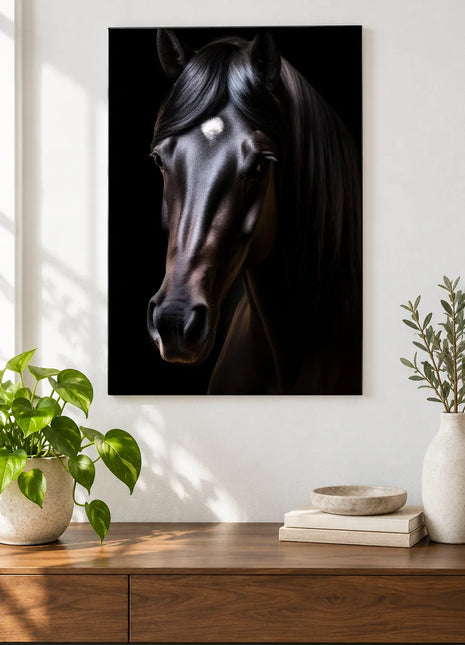 Out of the Shadows (Horse), shown as frameless acrylic artwork above a walnut console against a white wall.