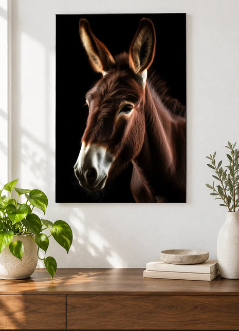 A Side of Mischief (Donkey), shown as frameless acrylic artwork above a walnut console against a white wall.