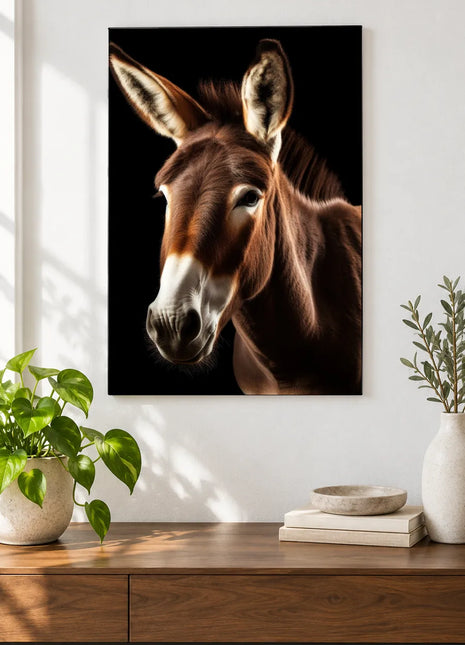 Bright-Eared Company (Donkey), shown as frameless acrylic artwork above a walnut console against a white wall.