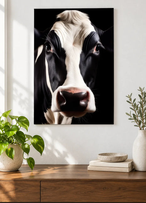 Udderly Focused (Cow), shown as frameless acrylic artwork above a walnut console against a white wall.