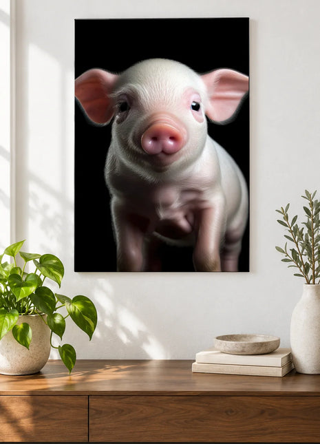 A Little Oink of Joy (Piglet), shown as frameless acrylic artwork above a walnut console against a white wall.
