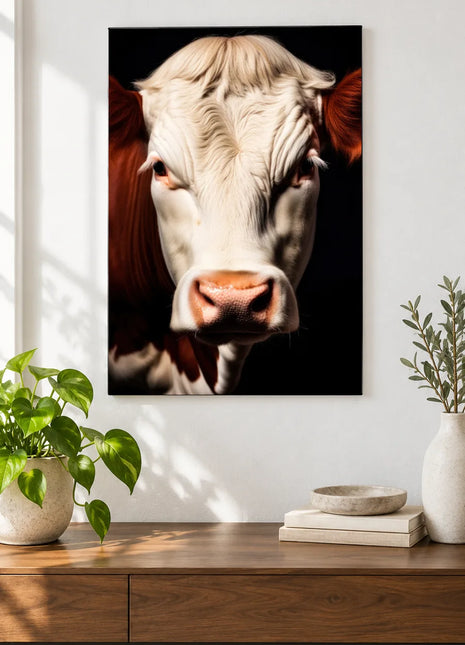 Cream of the Herd (Cow), shown as frameless acrylic artwork above a walnut console against a white wall.