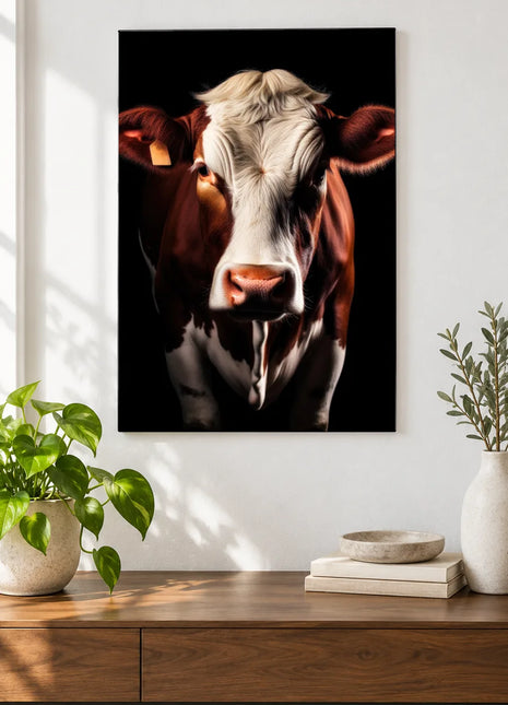 The Friendly Forelock (Cow), shown as frameless acrylic artwork above a walnut console against a white wall.